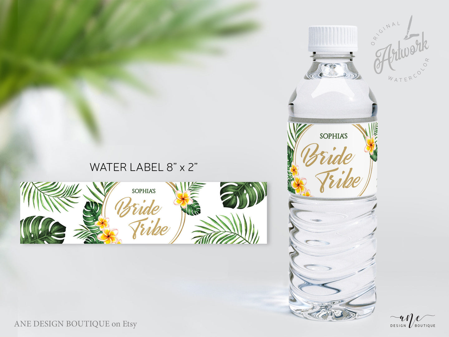 Tropical Beach Bridal Shower Water Label Template, Palm Leaf Monstera Bachelorette Wedding Water Label, Printable 100% Editable Download 002
