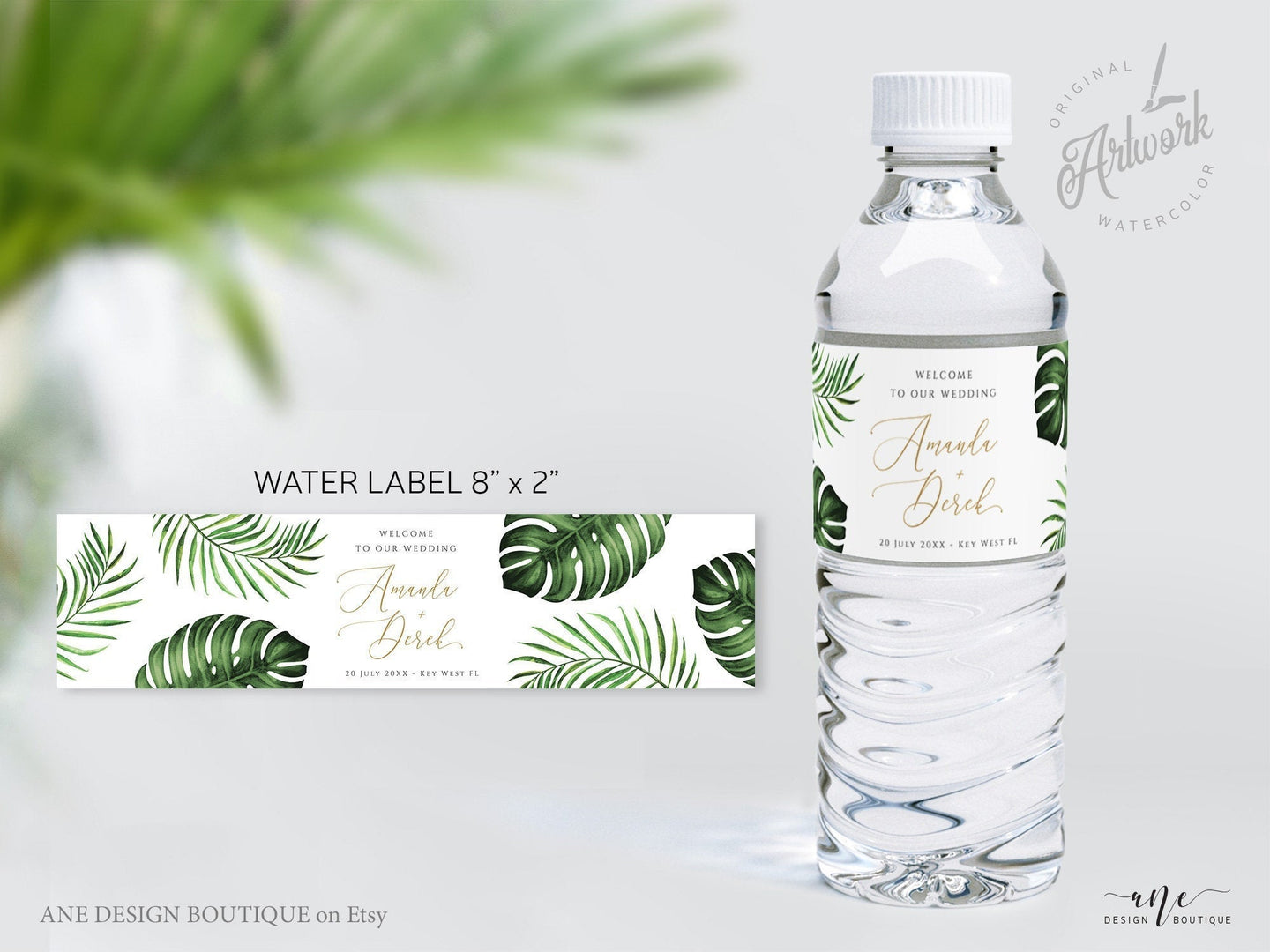 Tropical Beach Wedding Water Label Template, Palm Leaf Monstera Bridal Shower Bachelorette Water Label, Printable 100% Editable Download 002