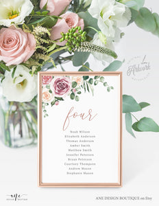 Floral Eucalyptus Seating Chart Template, Table Number Cards, Modern Mauve Roses Wedding Seating Cards, 100% Editable Printable Download 007