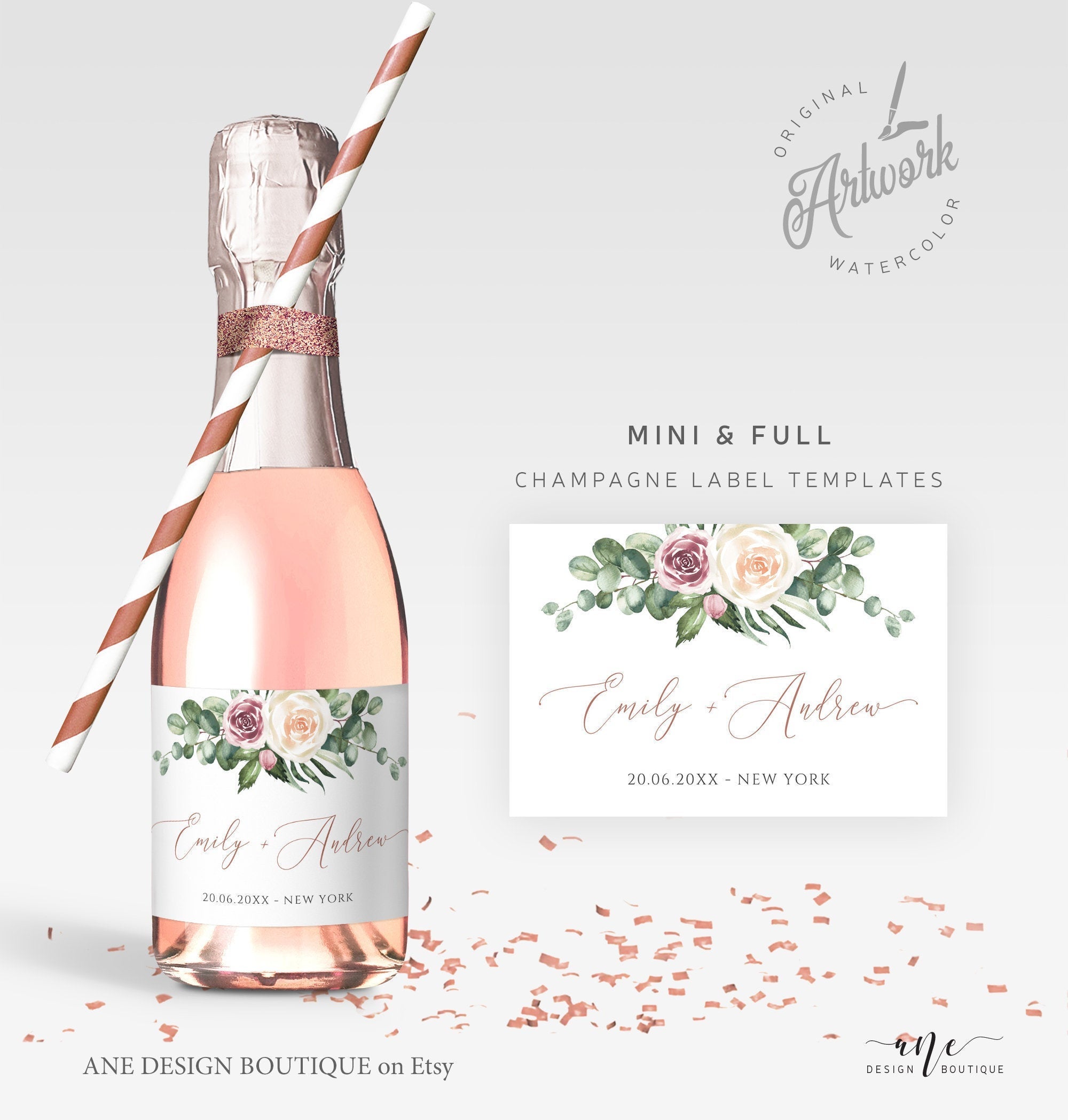 Custom Bottle Labels Templates - Custom Editable Wine/Champagne Label Printable – Ane Design Boutique for Free Printable Bridal Shower Labels