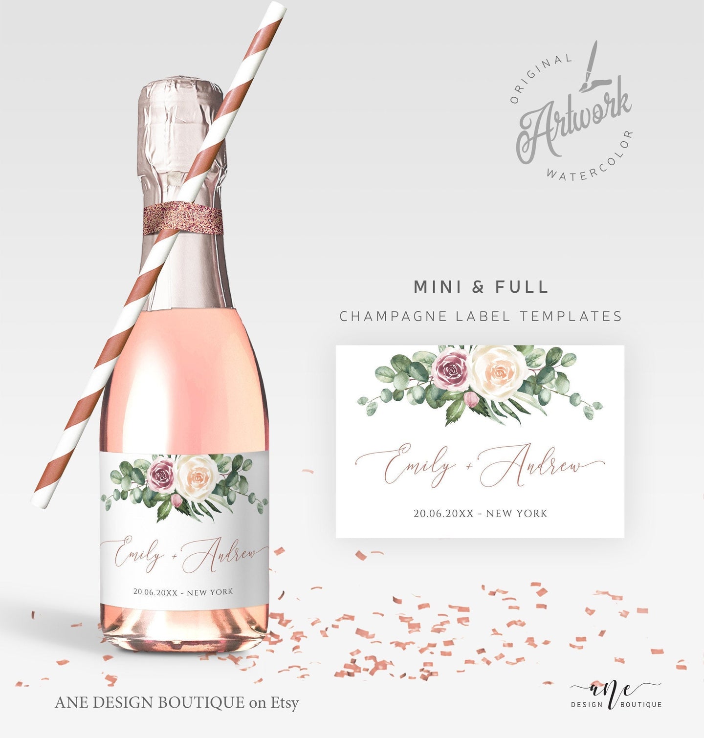 Floral Mini & Full Champagne Label Template, Bubbly Wine Label Wedding Couple Bridal Baby Shower Favor Sticker, Fully Editable Printable 007