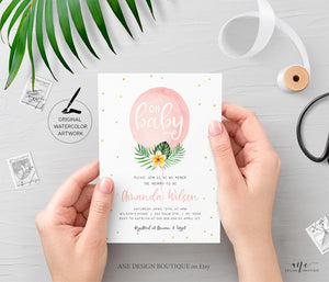 Oh Baby Pink Balloon Baby Shower Invitation Template, Tropical Palm Leaf Summer Beach Bridal Invite, Fully Editable, Printable, Download 002
