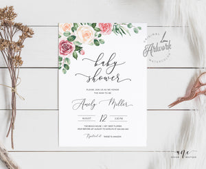Mauve Roses Baby Shower Invitation Template, Eucalyptus Greenery Boho Bridal Invite, Gender Neutral, Fully Editable, Printable, Download 007