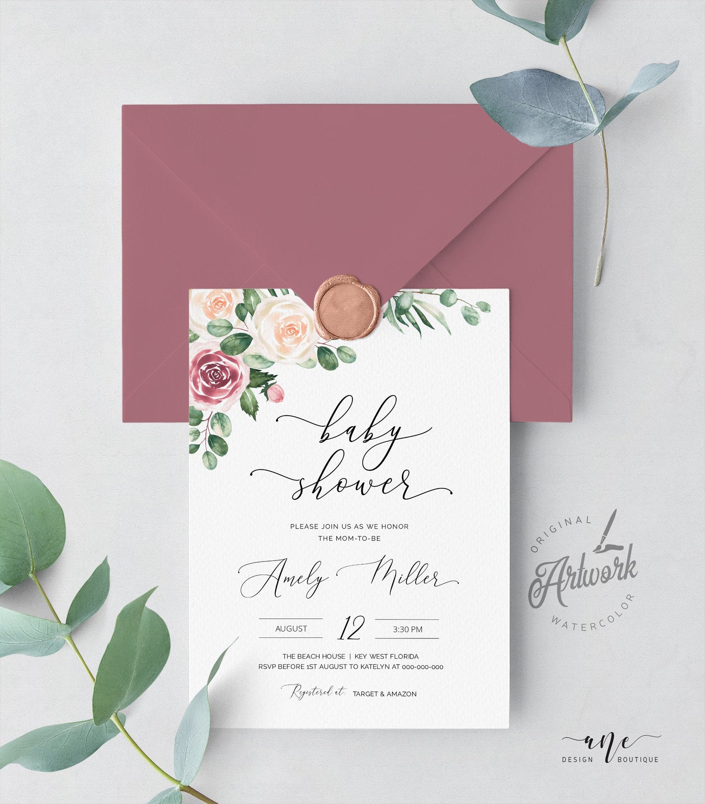 Mauve Roses Baby Shower Invitation Template, Eucalyptus Greenery Boho Bridal Invite, Gender Neutral, Fully Editable, Printable, Download 007