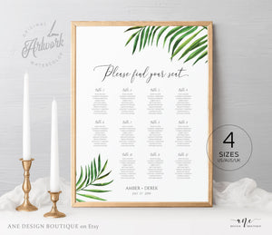 Tropical Beach Seating Chart Template, Greenery Wedding Bridal Sign Table Plan, Palm Leaf Decoration, 100% Editable, A1 A2, Printable 002