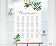 Load image into Gallery viewer, Tropical Beach Seating Chart Template, Greenery Wedding Bridal Sign Table Plan, Palm Leaf Decoration, 100% Editable, A1 A2, Printable 002
