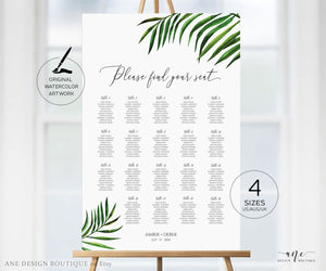 Tropical Beach Seating Chart Template, Greenery Wedding Bridal Sign Table Plan, Palm Leaf Decoration, 100% Editable, A1 A2, Printable 002