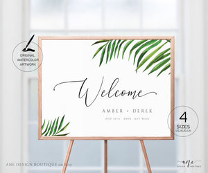 Tropical Wedding Welcome Sign Template, Beach Greenery Palm Leaf Wedding Bridal Baby Shower Sign Poster,100% Editable Printable Download 002