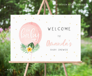 Balloon Baby Shower Welcome Sign Template, Beach Tropical Palm Leaf Baby / Bridal Shower Sign Poster, Fully Editable, Printable Download 002