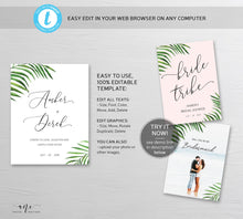 Load image into Gallery viewer, Tropical Wedding Wine Label Template, Palm Leaf Watercolor, Destination Beach Wedding Bridal Shower, Fully Editable, Printable, Download 002
