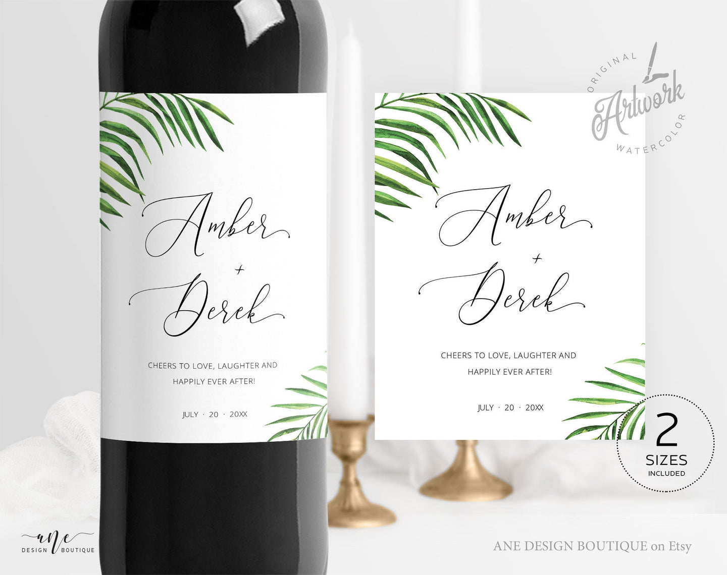 Tropical Wedding Wine Label Template, Palm Leaf Watercolor, Destination Beach Wedding Bridal Shower, Fully Editable, Printable, Download 002
