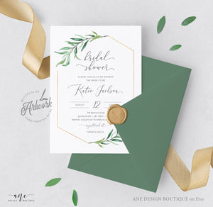 Geometric Greenery Bridal Shower Invitation Template, Boho Wedding Couple Shower, Original Artwork, Fully Editable, Printable, Download 001