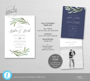 Sage Green Wedding Invitation Set Template, Unique Watercolor Artwork, Boho Wedding Bridal Invite RSVP Details, Fully Editable Printable 008