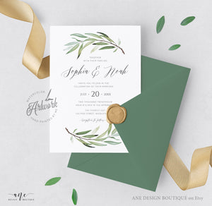 Sage Green Wedding Invitation Set Template, Unique Watercolor Artwork, Boho Wedding Bridal Invite RSVP Details, Fully Editable Printable 008