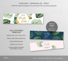 Load image into Gallery viewer, Tropical Beach Bridal Shower Water Label Template, Palm Leaf Monstera Bachelorette Wedding Water Label, Printable 100% Editable Download 002
