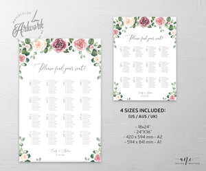 Mauve Roses Floral Seating Chart Template, Eucalyptus Greenery, Boho Wedding Bridal Sign Table Plan, 100% Editable, A1 A2, Printable 007