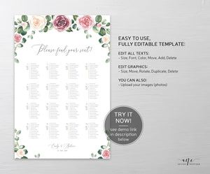 Mauve Roses Floral Seating Chart Template, Eucalyptus Greenery, Boho Wedding Bridal Sign Table Plan, 100% Editable, A1 A2, Printable 007
