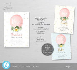 Tropical Balloon Birthday Invitation Template, Pink Gold Girl 1st Birthday, Summer Invite, Palm Leaf, Fully Editable, Printable Download 002