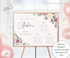 Mauve Roses Horizontal Seating Chart Template, Eucalyptus, Floral Boho Wedding, Shower Table Plan Sign , 100% Editable, A1 A2, Printable 007