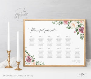 Mauve Roses Horizontal Seating Chart Template, Eucalyptus, Floral Boho Wedding, Shower Table Plan Sign , 100% Editable, A1 A2, Printable 007
