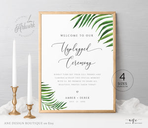 Tropical Unplugged Ceremony Wedding Sign Template, Palm Leaf No Phone Camera Printable Welcome Sign, Fully Editable DIY Instant Download 002