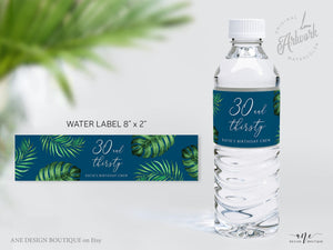 Tropical Beach Water Label Template, Palm Leaf Monstera, Thirty and Thirsty 30 Birthday Navy Blue Bridal Baby Shower, Printable Editable 002