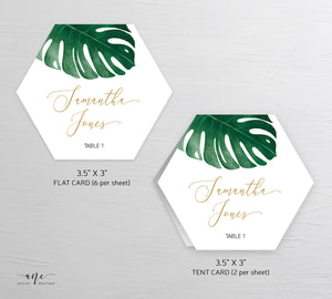 Monstera Hexagon Place Card Template, Beach Tropical Wedding Bridal Modern Escort Card, Custom Editable Name Cards, Printable, Download, 003