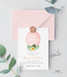 Oh Baby Pink Balloon Baby Shower Invitation Template, Tropical Palm Leaf Summer Beach Bridal Invite, Fully Editable, Printable, Download 002