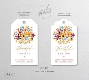 Thanksgiving Favor Tag Template, Friendsgiving, Thankful For You, Give Thanks, Thank You Gift Tag, Fall Flowers, Editable, Printable DIY 010