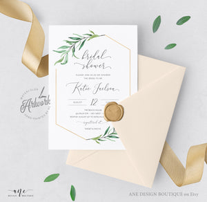 Geometric Greenery Bridal Shower Invitation Template, Boho Wedding Couple Shower, Original Artwork, Fully Editable, Printable, Download 001