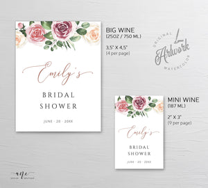 Floral Wine Label Template, Mauve Roses Wedding Bachelorette Bridal Baby Shower Favor Sticker, Bottle Tag, Fully Editable Printable DIY 007