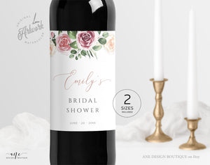 Floral Wine Label Template, Mauve Roses Wedding Bachelorette Bridal Baby Shower Favor Sticker, Bottle Tag, Fully Editable Printable DIY 007