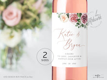 Load image into Gallery viewer, Boho Wedding Wine Label Template, Mauve Roses, Bridal / Baby Bottle Tag, Couple Shower Favor Sticker, Fully Editable, Printable Download 007
