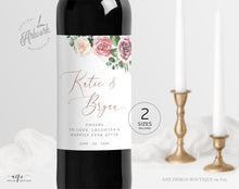 Load image into Gallery viewer, Boho Wedding Wine Label Template, Mauve Roses, Bridal / Baby Bottle Tag, Couple Shower Favor Sticker, Fully Editable, Printable Download 007
