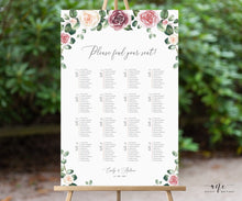 Load image into Gallery viewer, Mauve Roses Floral Seating Chart Template, Eucalyptus Greenery, Boho Wedding Bridal Sign Table Plan, 100% Editable, A1 A2, Printable 007
