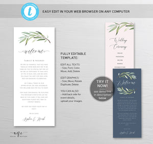 Greenery Welcome Letter Itinerary Template, Boho Wedding Order of Events Editable Welcome Bag Note, 100% Editable, Printable, Download 008