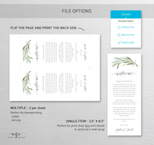 Load image into Gallery viewer, Greenery Welcome Letter Itinerary Template, Boho Wedding Order of Events Editable Welcome Bag Note, 100% Editable, Printable, Download 008
