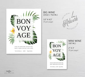 Tropical Bon Voyage Wine Label Template, Custom Bottle Label, Shower Beach Travel Vacation Gift Tag, Fully Editable, Printable, Download 002
