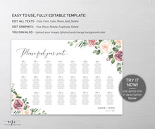 Load image into Gallery viewer, Mauve Roses Horizontal Seating Chart Template, Eucalyptus, Floral Boho Wedding, Shower Table Plan Sign , 100% Editable, A1 A2, Printable 007
