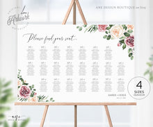 Load image into Gallery viewer, Mauve Roses Horizontal Seating Chart Template, Eucalyptus, Floral Boho Wedding, Shower Table Plan Sign , 100% Editable, A1 A2, Printable 007

