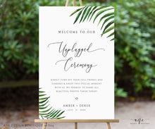 Load image into Gallery viewer, Tropical Unplugged Ceremony Wedding Sign Template, Palm Leaf No Phone Camera Printable Welcome Sign, Fully Editable DIY Instant Download 002
