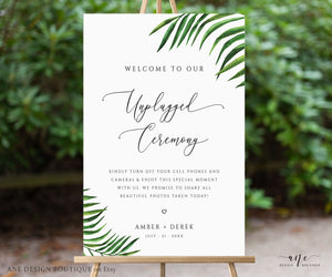 Tropical Unplugged Ceremony Wedding Sign Template, Palm Leaf No Phone Camera Printable Welcome Sign, Fully Editable DIY Instant Download 002