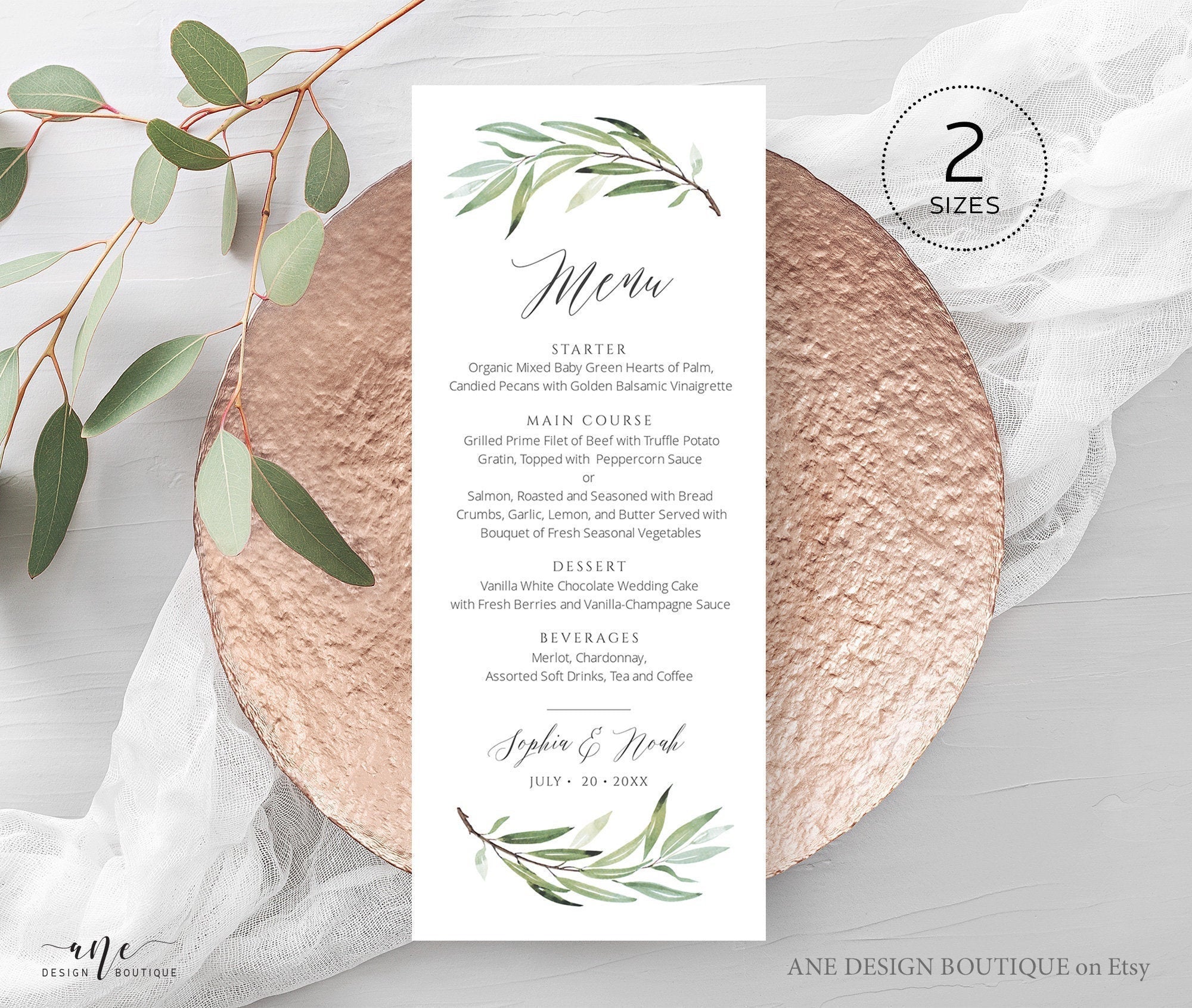 Greenery Wedding Dinner Menus, Elegant Eucalyptus Watercolor Leaves and Jasmine Florals - Printed hot Menus