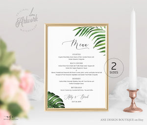 Tropical Wedding Menu Printable Template, Beach Dinner Menu Card for Bridal Baby Shower, Palm Monstera Leaves, 100% Editable, DIY, Download 002