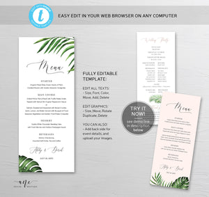 Tropical Wedding Menu Printable Template, Beach Dinner Menu Card for Bridal Baby Shower, Palm Monstera Leaves, 100% Editable, DIY, Download 002