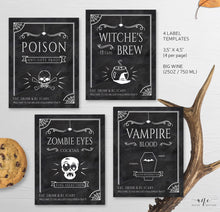 Load image into Gallery viewer, 4 Halloween Wine Bottle Label Templates, Party Decor, Poison, Witches Brew, Vampire Blood, Zombie Eyes, 100% Editable Printable Download 013
