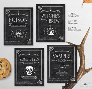 4 Halloween Wine Bottle Label Templates, Party Decor, Poison, Witches Brew, Vampire Blood, Zombie Eyes, 100% Editable Printable Download 013