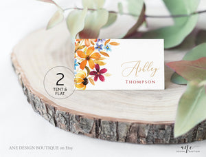 Fall Floral Thanksgiving Place Card Template, Printable Rustic Wedding Escort Card, Autumn Flowers Name Tag, Fully Editable Download DIY 010