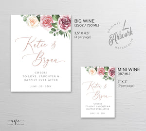Boho Wedding Wine Label Template, Mauve Roses, Bridal / Baby Bottle Tag, Couple Shower Favor Sticker, Fully Editable, Printable Download 007