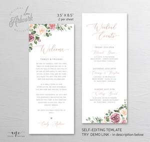 Mauve Roses Welcome Letter Itinerary Template, Floral Wedding Order of Events, Custom Welcome Bag Note, 100% Editable Printable Download 007